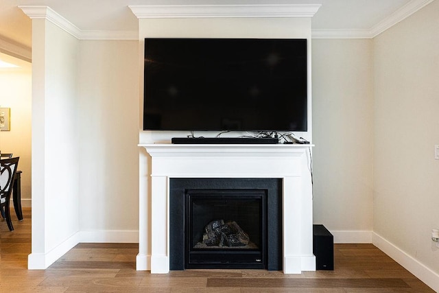 room details with wood finished floors, a fireplace, baseboards, and ornamental molding