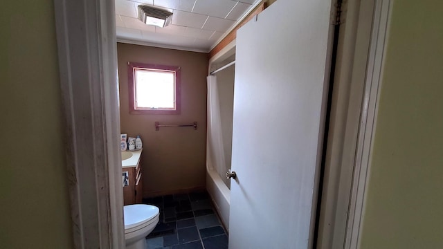 bathroom with visible vents, toilet, shower / tub combo, tile patterned floors, and vanity