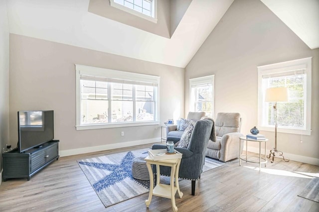 living area featuring wood finished floors, baseboards, and high vaulted ceiling