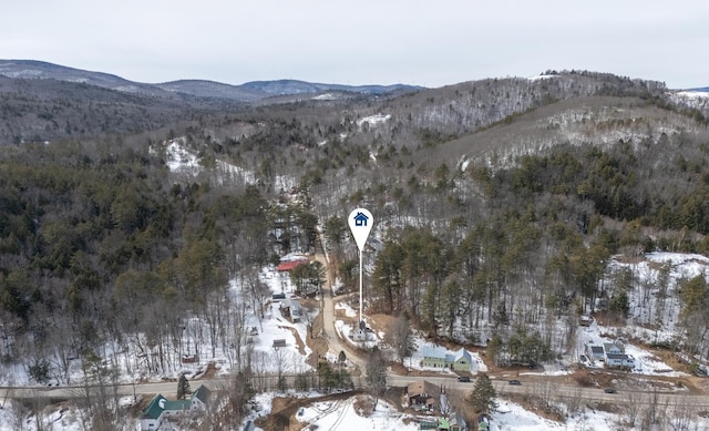 snowy aerial view with a forest view and a mountain view