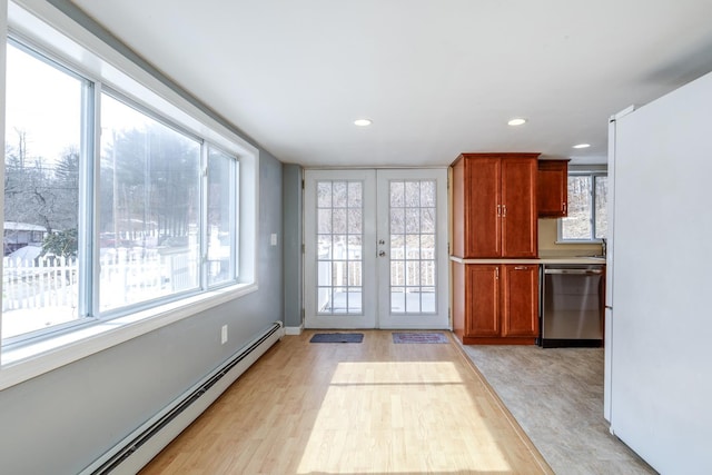 doorway to outside with recessed lighting, french doors, light wood finished floors, and a baseboard radiator