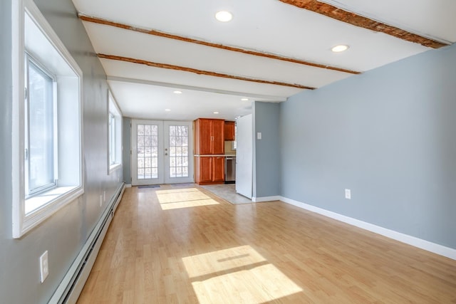 unfurnished room featuring light wood finished floors, baseboards, beamed ceiling, french doors, and a baseboard radiator