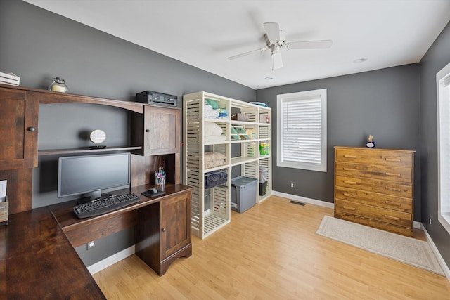 office space featuring visible vents, baseboards, light wood finished floors, and ceiling fan