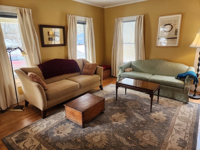 living room with ornamental molding and wood finished floors