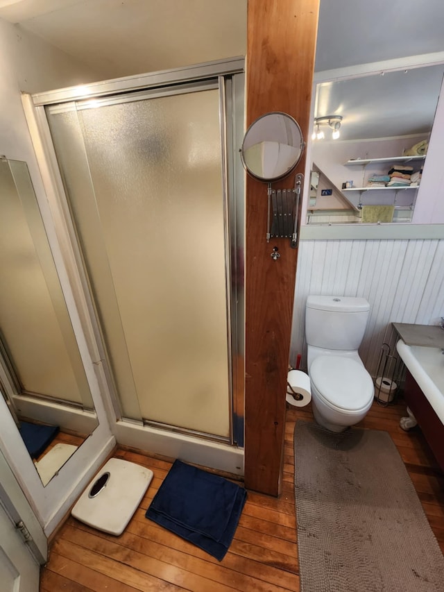 bathroom with a shower stall, toilet, and wood-type flooring