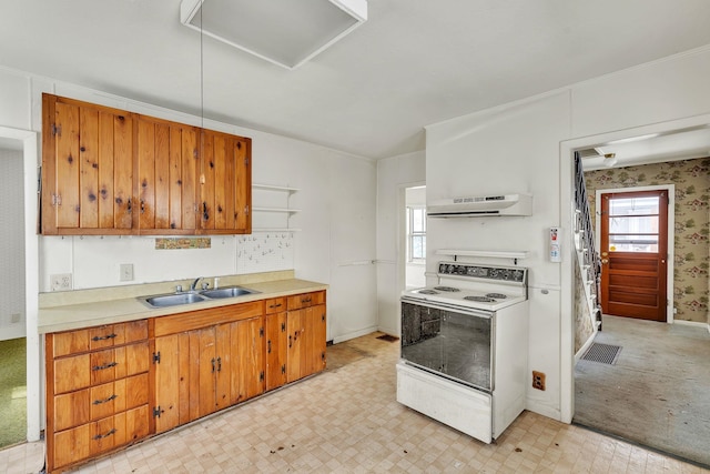 kitchen featuring white electric range, extractor fan, light floors, and a sink