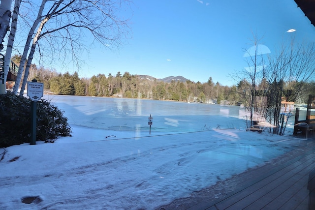 view of yard with a wooded view and a mountain view