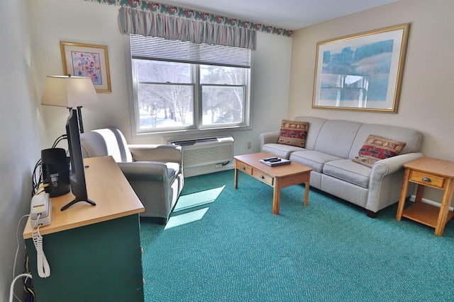 living area featuring a wall mounted air conditioner and carpet floors