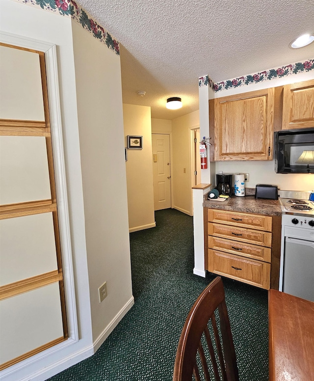 kitchen featuring electric range, dark carpet, a textured ceiling, and black microwave