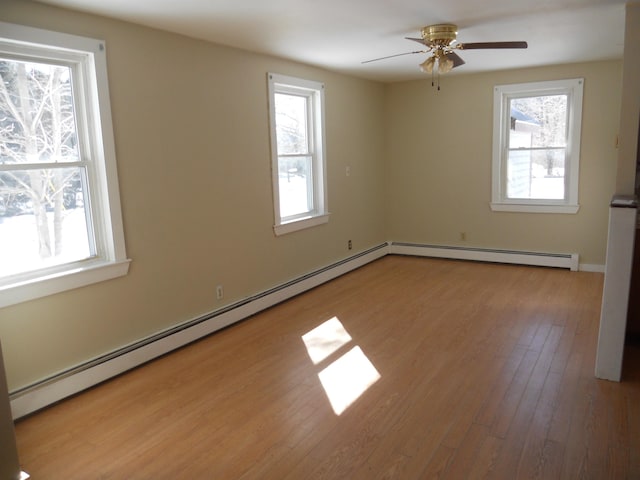 unfurnished room with wood-type flooring, ceiling fan, and a baseboard radiator