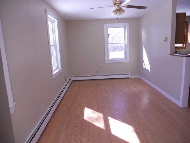 unfurnished room featuring light wood finished floors, baseboards, baseboard heating, a ceiling fan, and a baseboard radiator