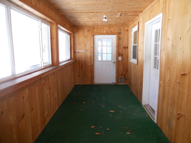 entryway with carpet, wood ceiling, and wood walls