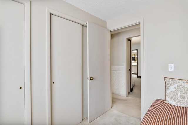 bedroom with a closet, light carpet, and a textured ceiling