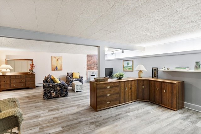 interior space featuring light wood finished floors, a baseboard heating unit, and baseboards