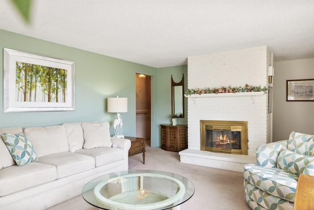 carpeted living room featuring a fireplace