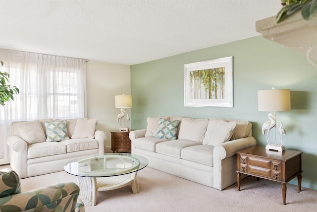 carpeted living room with a textured ceiling