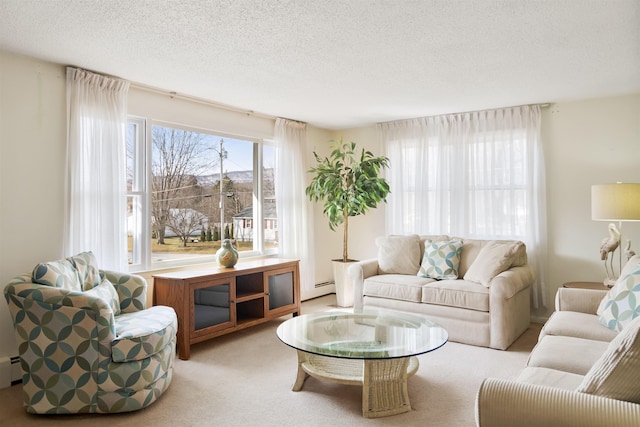 carpeted living area featuring baseboard heating and a textured ceiling