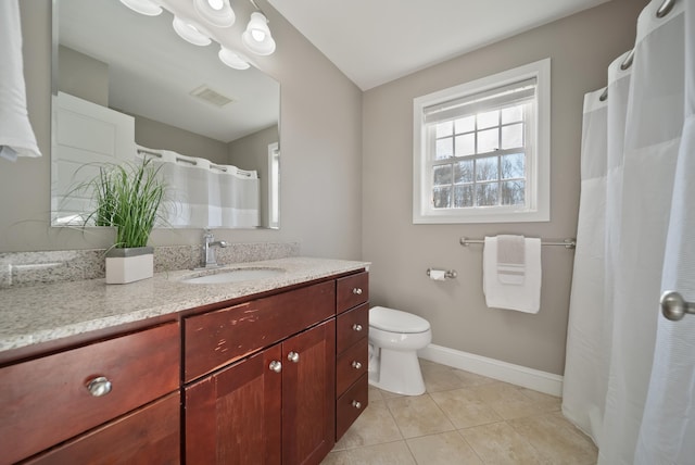 full bath featuring visible vents, toilet, tile patterned flooring, baseboards, and vanity