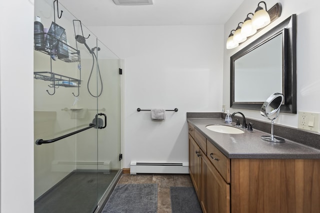 full bath featuring visible vents, a baseboard heating unit, baseboard heating, a stall shower, and vanity