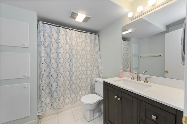 full bathroom with visible vents, toilet, curtained shower, tile patterned flooring, and vanity