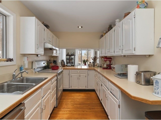 kitchen with under cabinet range hood, white cabinetry, stainless steel appliances, and a sink