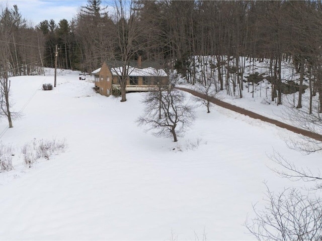 yard covered in snow with a wooded view