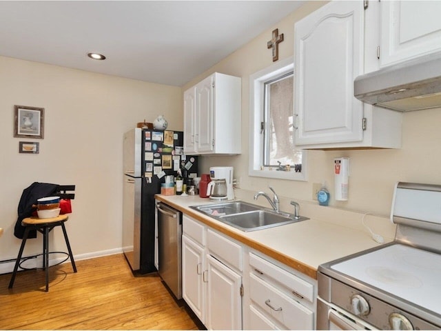 kitchen with white cabinetry, a sink, light countertops, range with electric stovetop, and stainless steel dishwasher