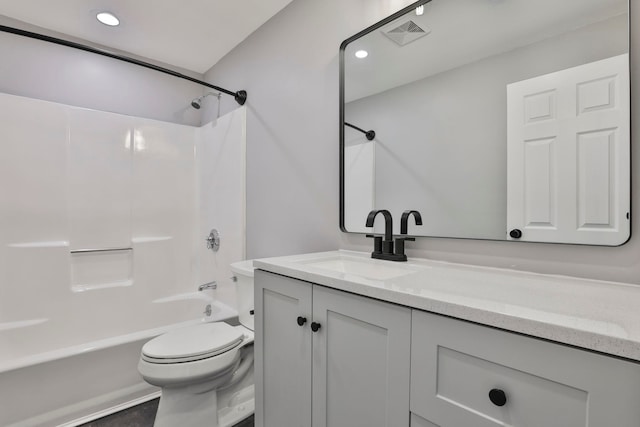 full bathroom with visible vents, toilet, recessed lighting, bathing tub / shower combination, and vanity