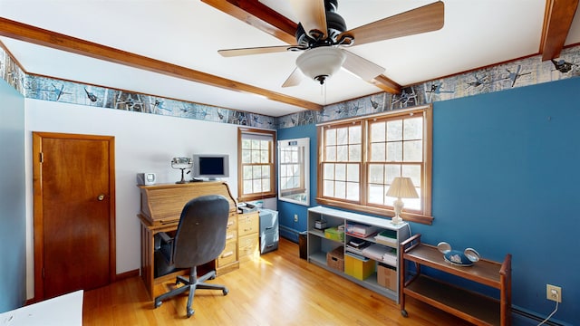 home office with beamed ceiling, baseboards, wood finished floors, and a ceiling fan