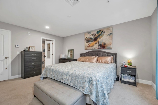 carpeted bedroom featuring visible vents, recessed lighting, and baseboards