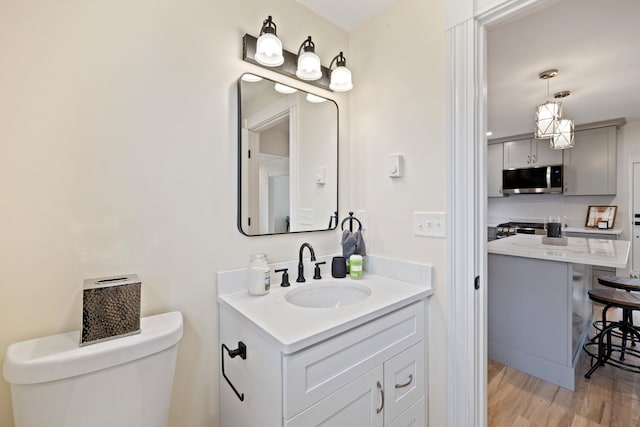 bathroom with toilet, wood finished floors, and vanity