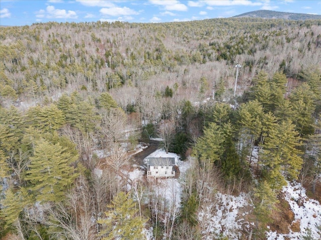 aerial view with a mountain view and a wooded view