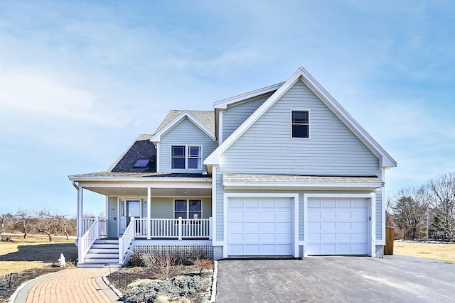 view of front of property featuring aphalt driveway, a garage, a porch, and a shingled roof