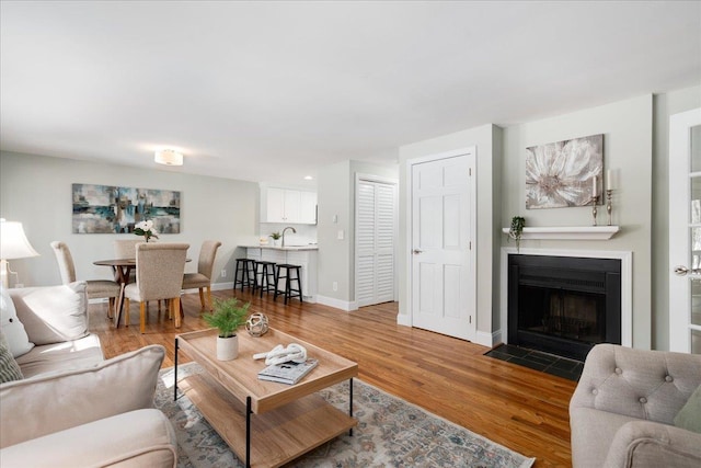 living room featuring baseboards, a fireplace with flush hearth, and wood finished floors