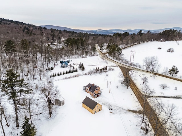 drone / aerial view featuring a forest view and a mountain view