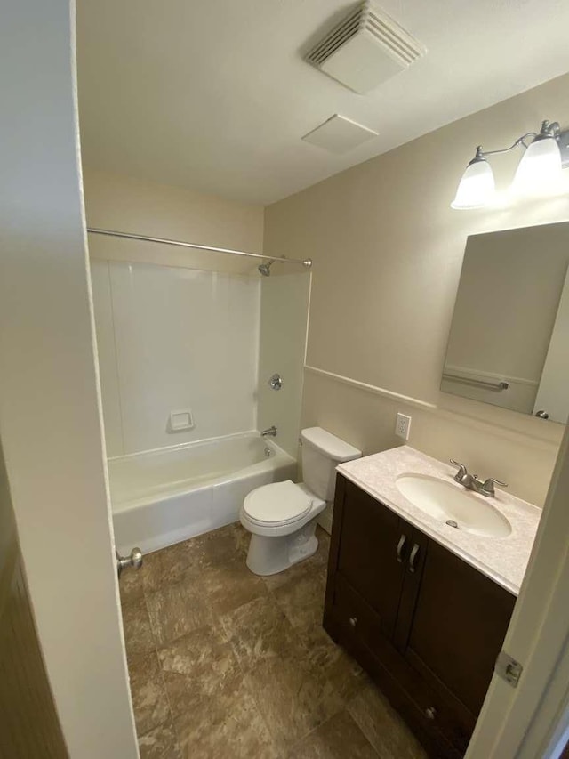 full bath with shower / bath combination, visible vents, toilet, and vanity