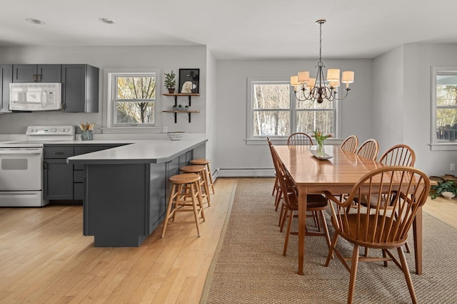 dining room with light wood finished floors, a healthy amount of sunlight, baseboard heating, and a chandelier