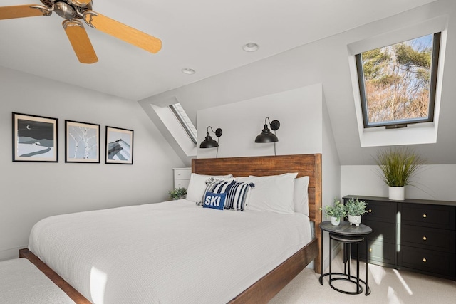 bedroom with a skylight, recessed lighting, and a ceiling fan