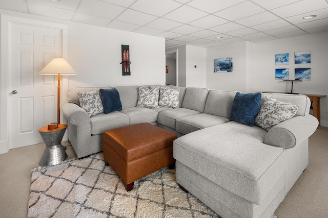 carpeted living area with a drop ceiling