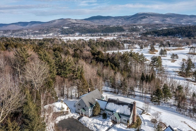 snowy aerial view featuring a mountain view