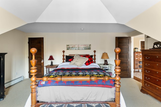 carpeted bedroom featuring lofted ceiling and a baseboard radiator