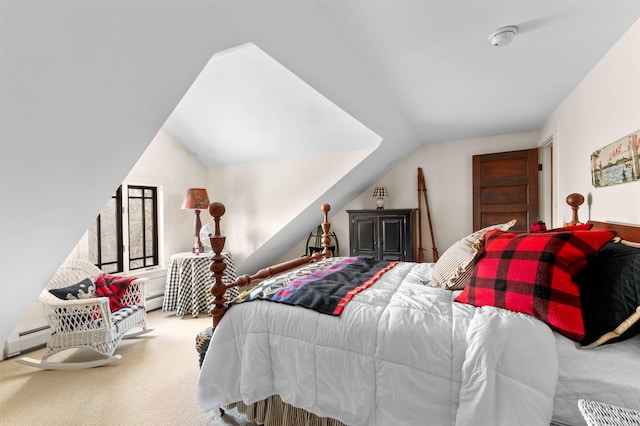 bedroom featuring lofted ceiling, carpet, baseboard heating, and a baseboard radiator