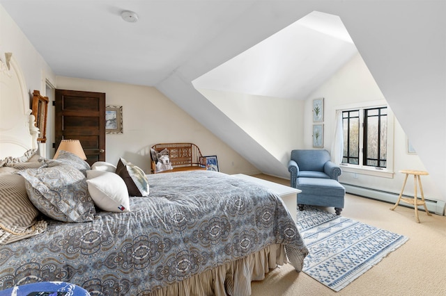 carpeted bedroom with a baseboard radiator and lofted ceiling