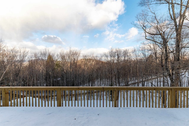 yard layered in snow with a wooded view