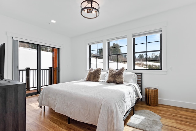 bedroom featuring access to exterior, multiple windows, and wood finished floors