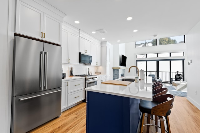 kitchen with light wood finished floors, a breakfast bar area, high quality appliances, and a sink