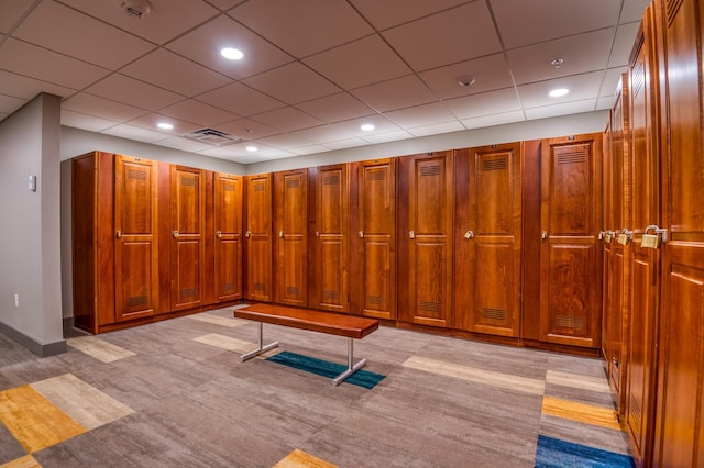 interior space with recessed lighting, visible vents, light colored carpet, and baseboards