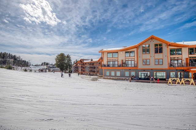 view of snow covered building