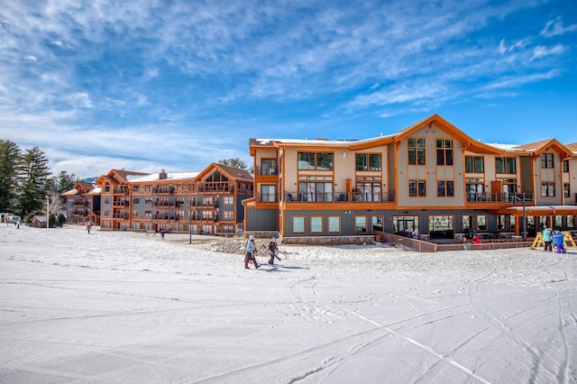 view of snow covered building