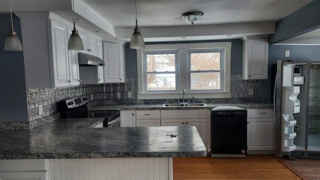 kitchen with under cabinet range hood, dishwasher, stainless steel range with electric stovetop, wood finished floors, and a sink